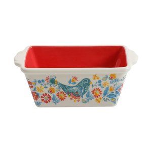Pioneer Woman Mini Ceramic Loaf Pan Floral Mazie Red Blue Bird 5.5in New